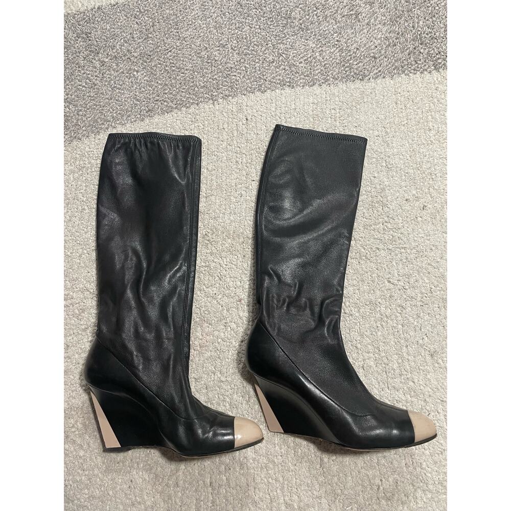 Casadei Leather Knee High Boots Womens Sz 7 Italy Black Tan Toe Wedge Blade Heel